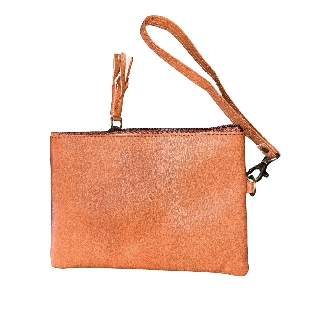 Genuine Cowhide Leather Wristlet Tan White Hide Western Tassel Clutch Bag